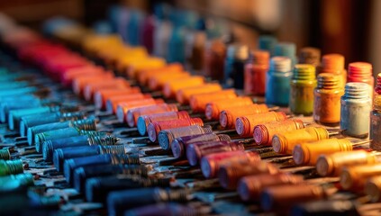 Fototapeta premium Close-up of many small paint containers in various colors