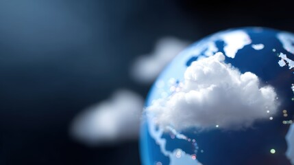 Abstract background of a stylized globe with cloud icons hovering over it, global cloud reach. Accessibility, worldwide.