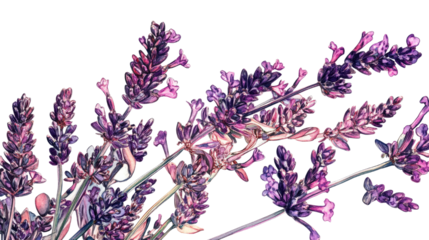 Branch of lavender drawing with delicate purple flowers and botanical illustration design isolated on white background