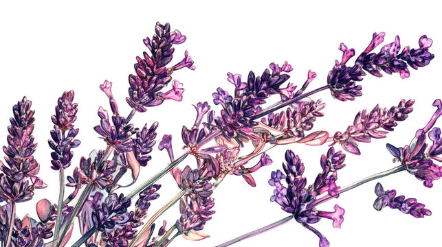 Branch of lavender drawing with delicate purple flowers and botanical illustration design isolated on white background