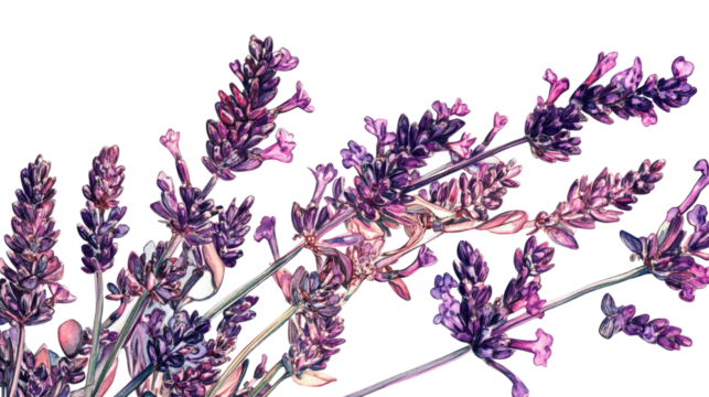 Branch of lavender drawing with delicate purple flowers and botanical illustration design isolated on white background