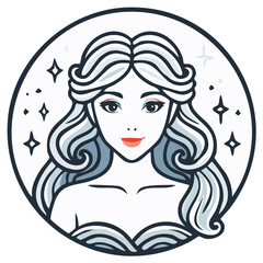 Elegant woman with flowing hair and sparkling stars in a circular emblem