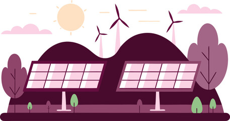 Renewable energy illustration showcasing solar panels and wind turbines on a sustainable landscape environment