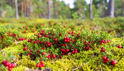 Lush, vibrant red berries nestled amongst bright green moss on the forest floor