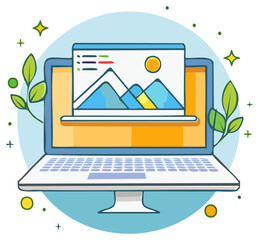 Laptop computer displaying graphic design and online content creation illustration