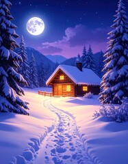 Fototapeta premium Snowy cabin at night (3)