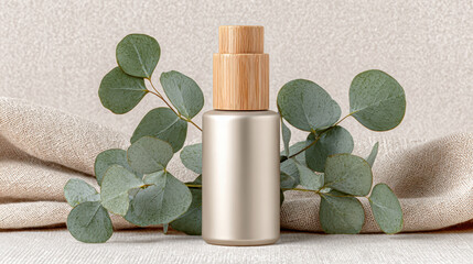 Cosmetic bottle with wooden pump and eucalyptus leaves on beige fabric background