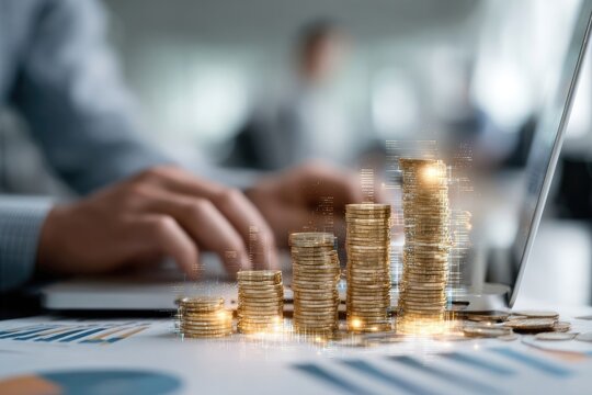 Business person working on laptop with stacks of gold coins representing increasing profits