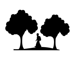 Silhouette of a person walking between two trees in a simple landscape