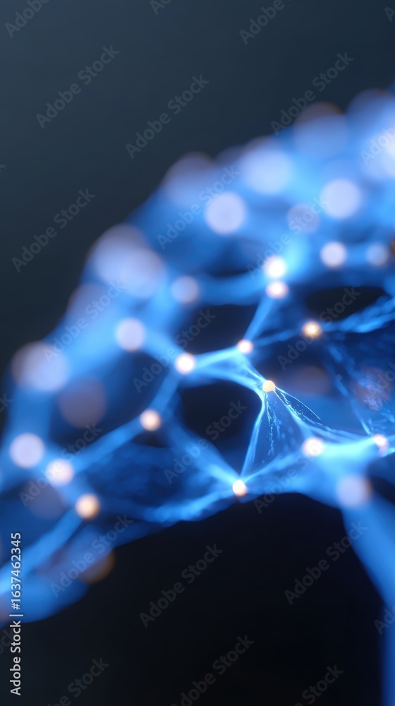 Poster abstract background of interconnected light points forming a brain shape, collective intelligence. n