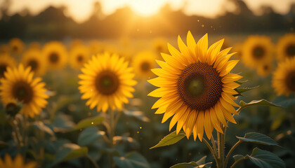 Obraz premium Soft-focus sunflower field with golden bokeh