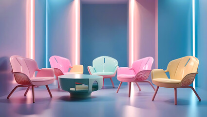 Fototapeta premium Retro futuristic lounge with colorful chairs and coffee table
