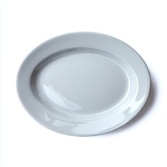 A clean, empty, white ceramic oval plate, isolated on a pure white background. Food presentation, elegant.