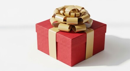 Elegant Red Gift Box with Golden Ribbon and Bow on White Background