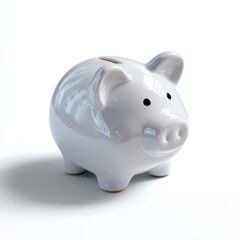 A plain white piggy bank simple, modern design, isolated on a pure white background. Savings, investment.