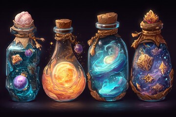 Four ornate glass bottles, each filled with a unique, otherworldly substance, on a dark background