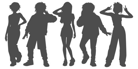 Set silhouette illustrations of kpop idols singing and dancing on stage. Flat vector kpop music star. Modern group dancers with various different styles, poses and choreography. Korean pop cultures.