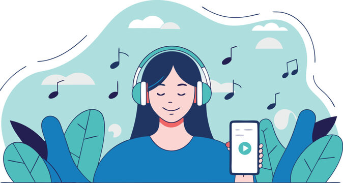Young woman enjoys listening to music with headphones and a smartphone in a tranquil illustrated design