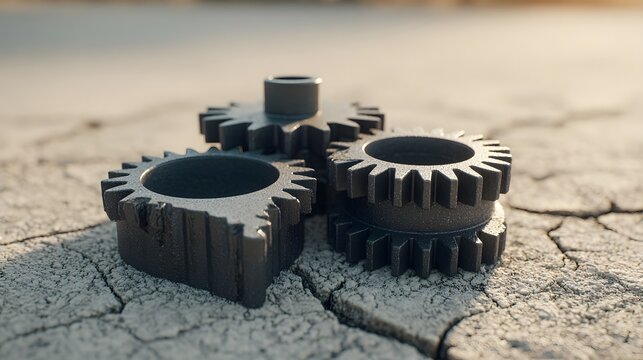 Interlocking gears on cracked earth.