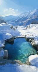 Snowy mountain hot spring, vibrant blue water