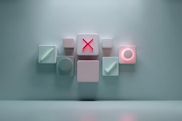 3D rendered minimal abstract composition of check, cross, and circle symbols on a soft pastel wall