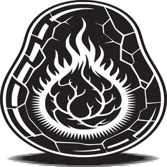 Bold cracked avocado with flame design for hot sauce brand logo, vector illustration for edgy food product