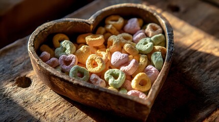 Colorful cereal in a heart-shaped wooden bowl.
