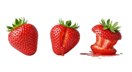 Three vibrant red strawberries (whole, cracked, crushed) isolated on a seamless transparent studio background, showcasing impact progression. Scientific study of material degradation