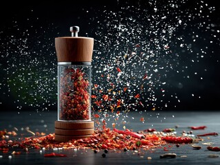 Spice grinder with scattered chili flakes