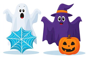 Two cartoon ghosts, one white and one purple, with a spiderweb and pumpkin