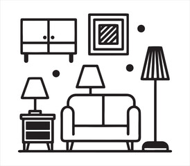 Minimalist Living Room Illustration Line Art Interior Design Furniture Sofa Cabinet Lamps Artwork and Decorative Elements Vector Graphic