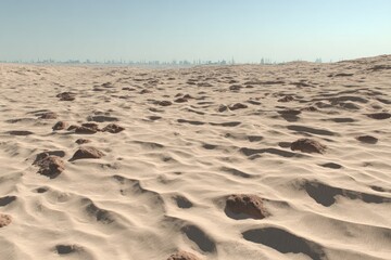 Desert expanse with distant city