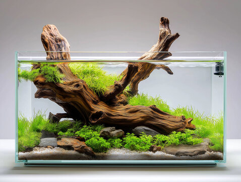 planted freshwater aquarium with driftwood and java ferns, displayed on white background, natural aquascape design in rimless tank, suitable for aquarists and hobbyists