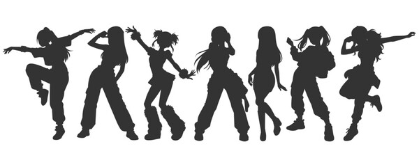Set silhouette illustrations of kpop idols singing and dancing on stage. Flat vector kpop music star. Modern group dancers with various different styles, poses and choreography. Korean pop cultures.