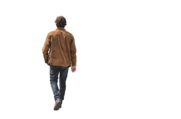  Full-body photograph of a man walking, viewed from the back, isolated against a white background. He is wearing dark blue jeans,  