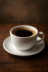 Freshly Brewed Black Coffee in White Ceramic Cup on Wooden Table