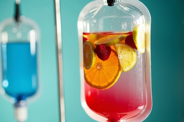 Vibrant Close-Up Image of Vitamin and Fruit-Infused IV Drip Bag for Specialized Therapy Session.