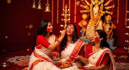 Three women celebrating durga puja with sindoor and traditional attire