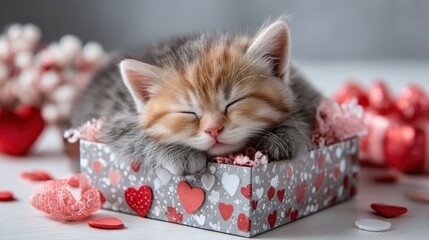 Sleepy kitten in a heart-decorated box