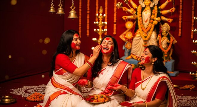 Three women celebrating durga puja with sindoor and traditional attire