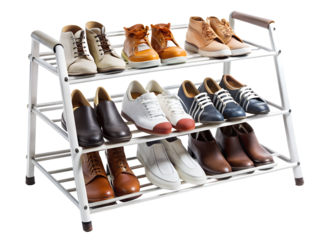 Multilevel shoe rack filled with a variety of footwear including boots, sneakers, and heels, isolated on transparent background