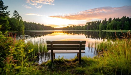 Obraz premium Serene lake sunset with park bench