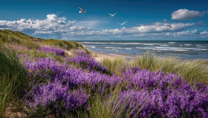 Obraz premium Coastal dune landscape with vibrant purple wildflowers, seagulls soaring, and a bright blue sky