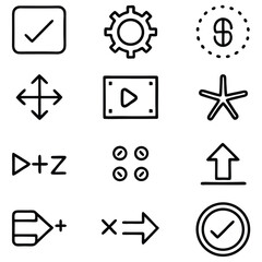 Collection of nine simple outline icons representing various actions and functions