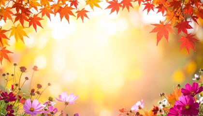 紅葉の枠とカラフルな秋のコスモス花のボーダー、暖かい光の背景