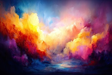 Colorful, abstract landscape.  A vibrant, dreamlike scene of clouds and light.  Bold brushstrokes create a surreal atmosphere