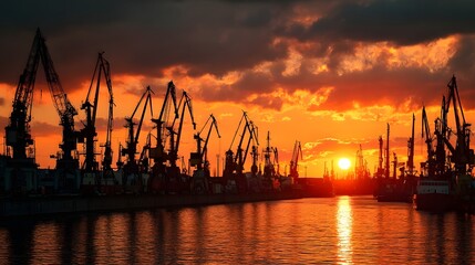 Obraz premium Silhouettes of harbor cranes at sunset.