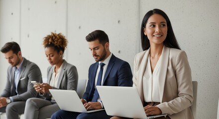 Business Professionals Working Together on Laptops in Modern Office Setting  Team Collaboration and Success Concept Stock Photo