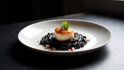 Gourmet seared scallop on black risotto, an elegant fine dining dish.