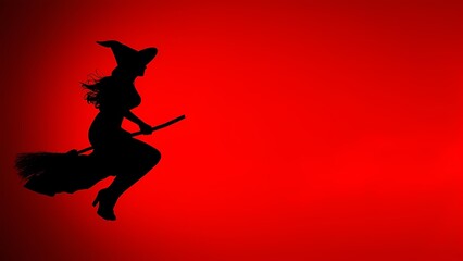 Witch flying on broomstick at dusk fantasy theme silhouette art mysterious atmosphere high-contrast viewpoint